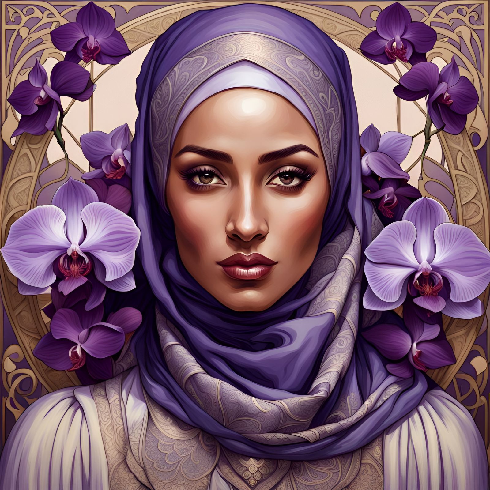 Elegant Portrait with Orchids in Art Nouveau Style