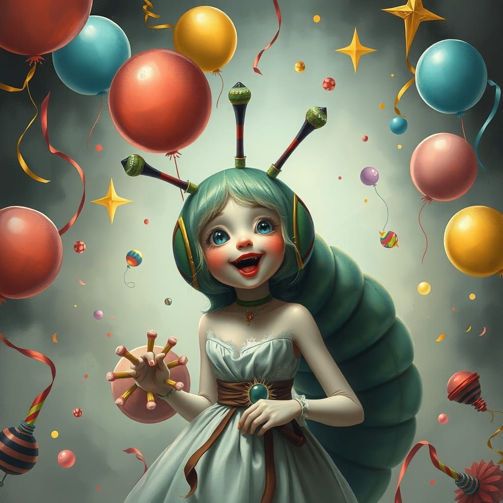 Caterpillar Girl's Surreal Party in Carbon and Chalk Art