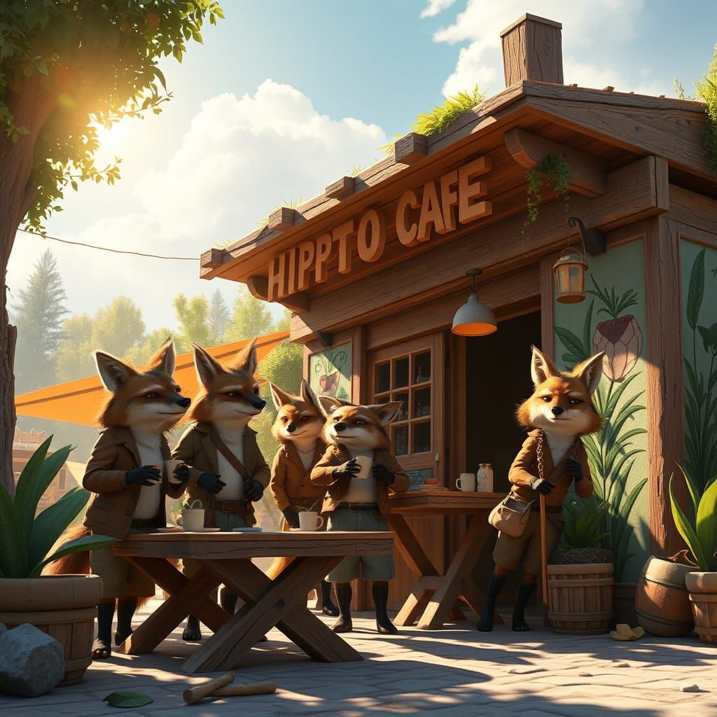 Anthropomorphic Coyotes Build Whimsical Cafe in Sun-Drenched...