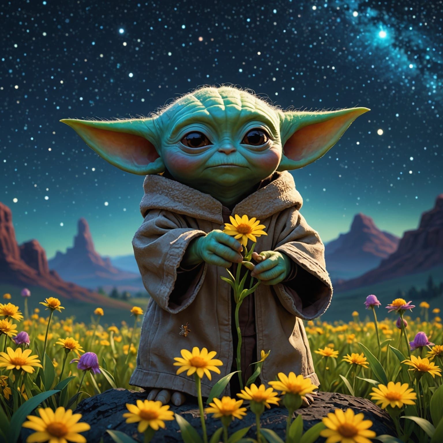 Baby Yoda's Starry Night Flower Picking
