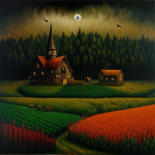 Whimsical Farm Landscape as Oil Painting