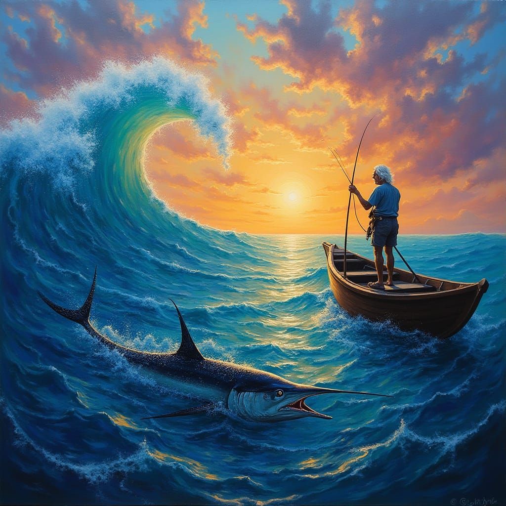 Old Fisherman's Surreal Sunset Voyage