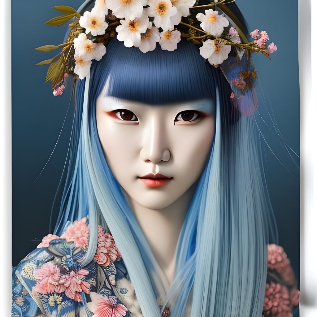 Blue-Haired Girl in Kimono: Detailed Digital Portrait