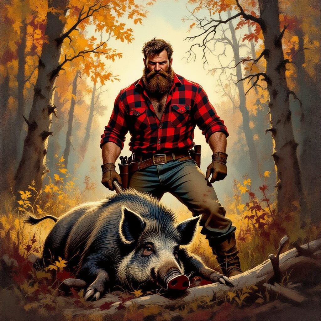 Lumberjack Triumphant Over Slain Boar in Autumn Forest
