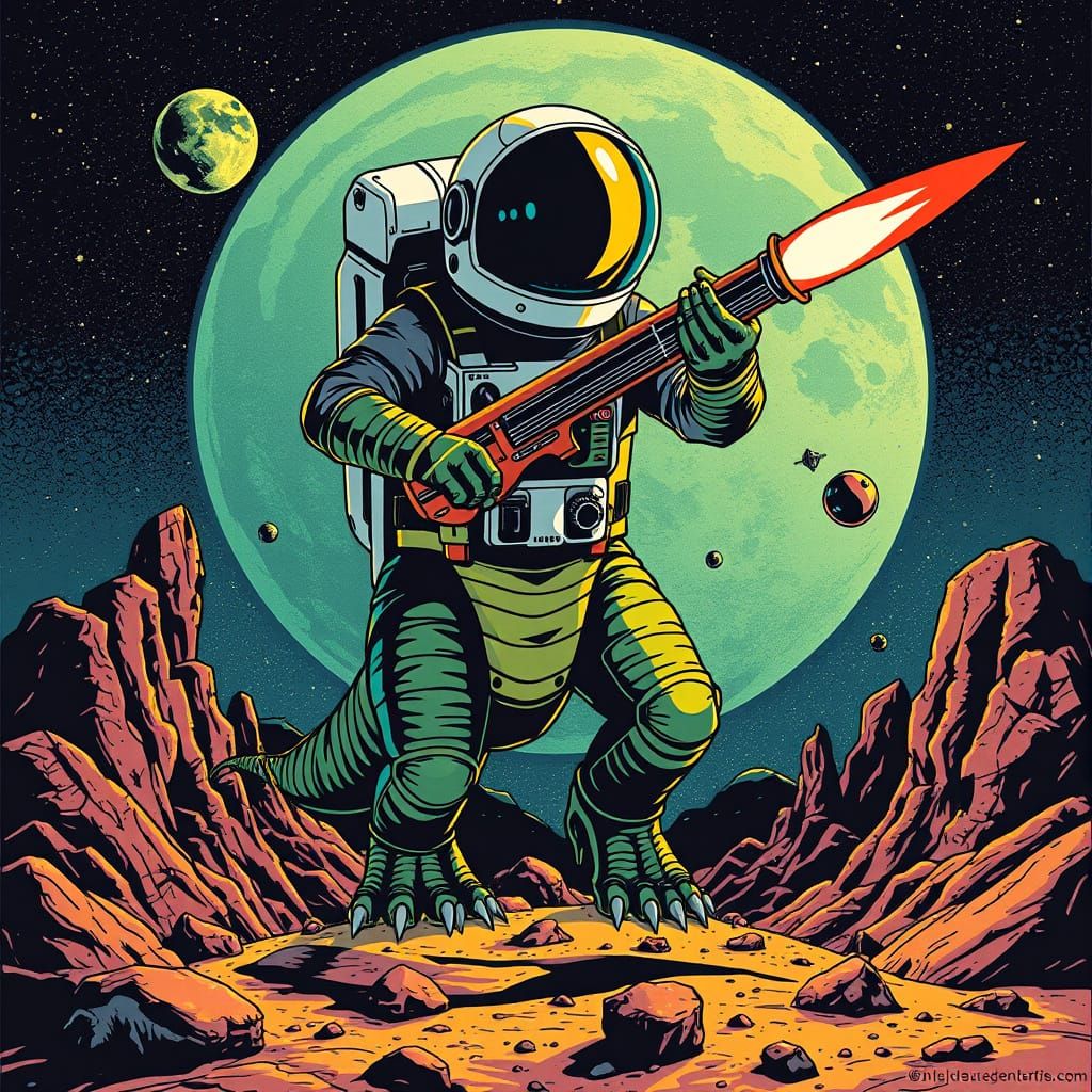 Retro-Futuristic Sci-Fi Dinosaur Astronaut Battle