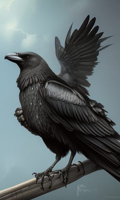 a beautiful magnificent detailed realistic crow flying; close in your face; the world is in apocalypse; the crow find to...