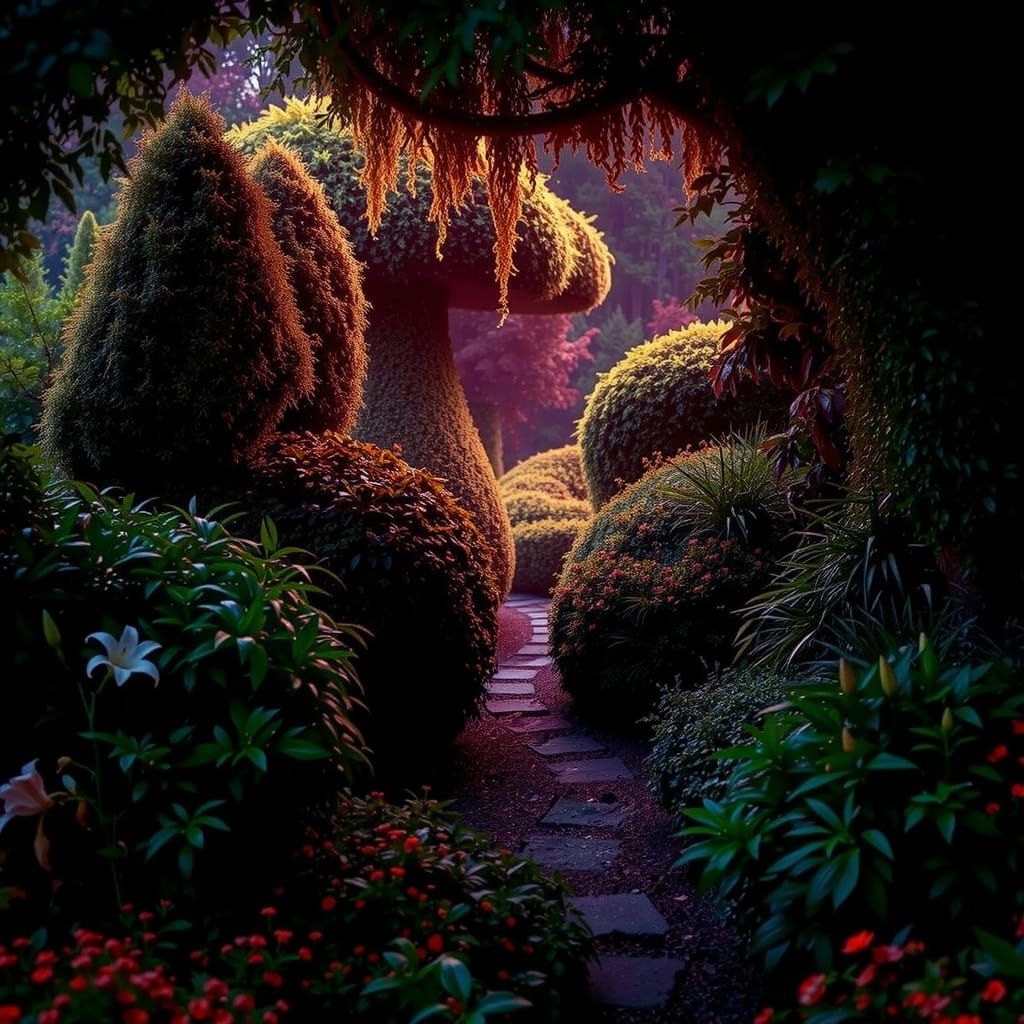 Overgrown Garden Path Maze with Lilies in Photorealistic Sty...