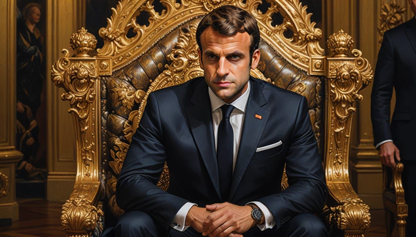 Macron on Gilded Throne: Hyper-Realistic Oil Painting