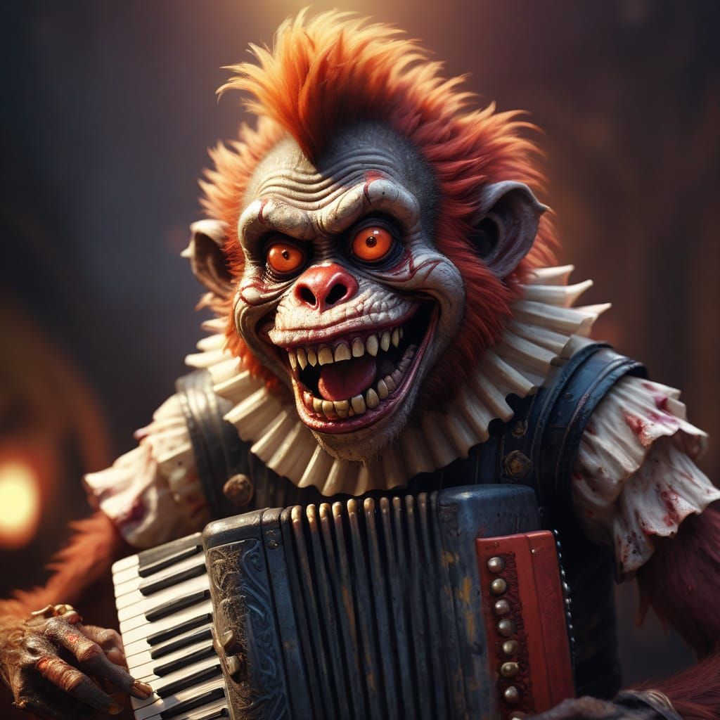 Zombie Monkey Monster Clown in Close-Up, Grinning Maniacally...