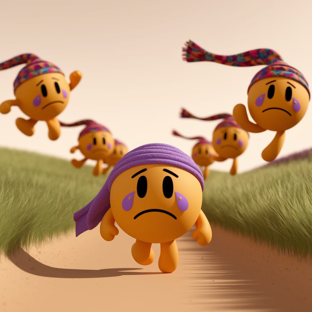 Tearful Smiley Walks Lonely Path in Whimsical Golden Landsca...