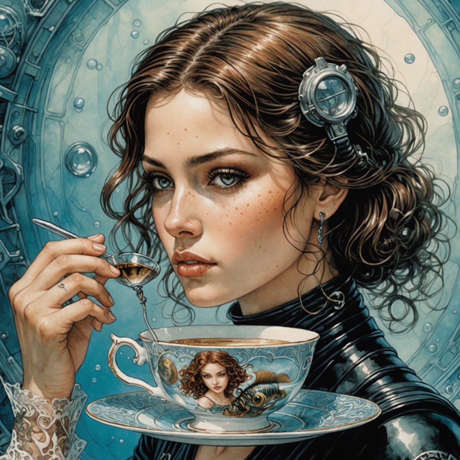 Scuba Diver in Teacup: Fantasy Illustration