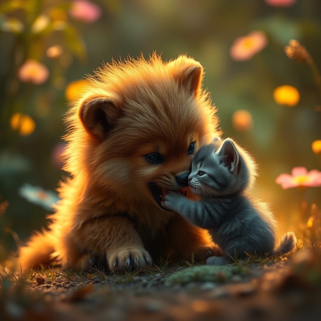 Fantasy Wolf Pup Confronts Kitten in Dreamlike Landscape