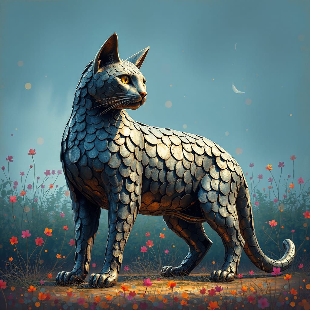 Majestic Steel Cat in Dreamlike Pointillist Atmosphere