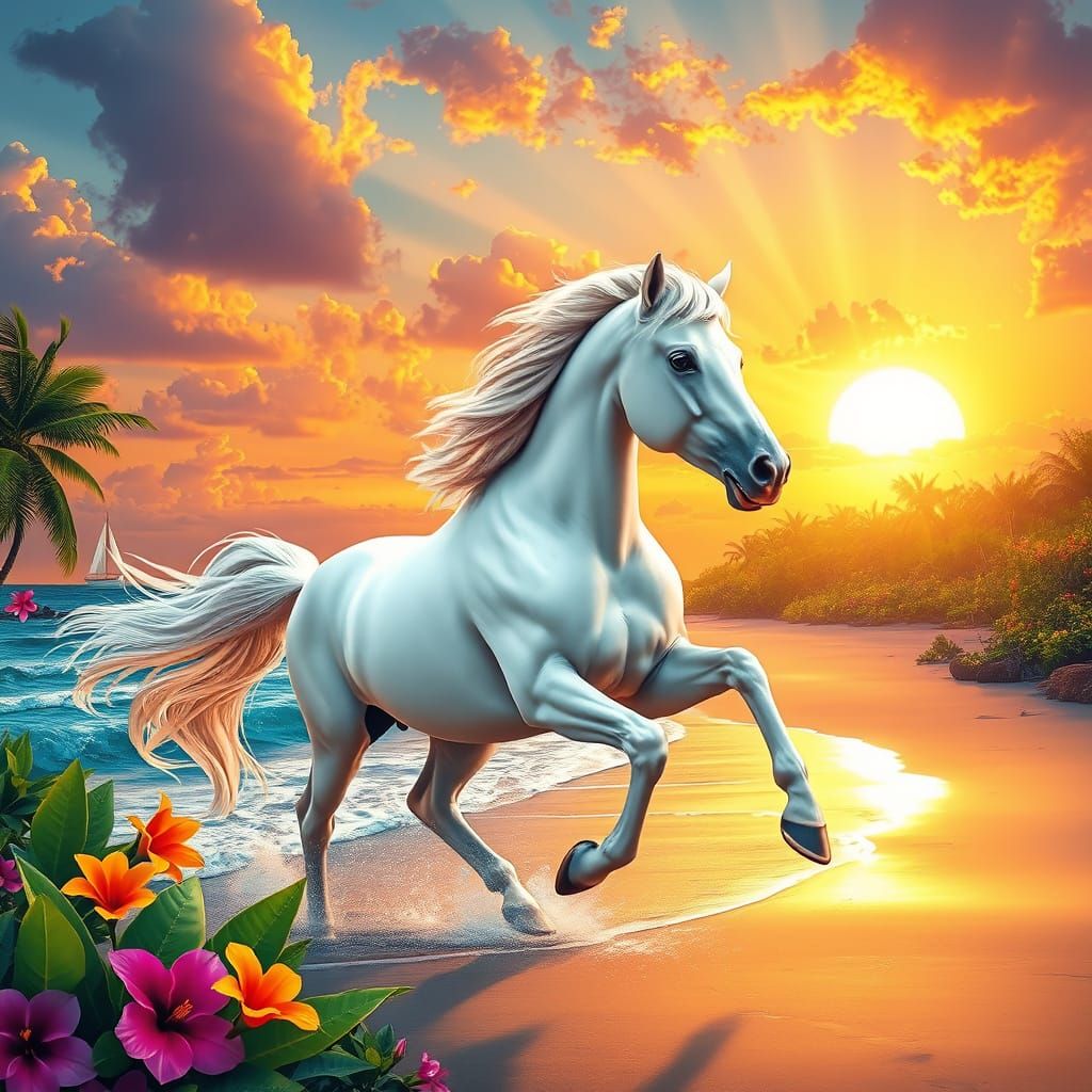 Majestic White Arabian Stallion in Whimsical Sunset Landscap...