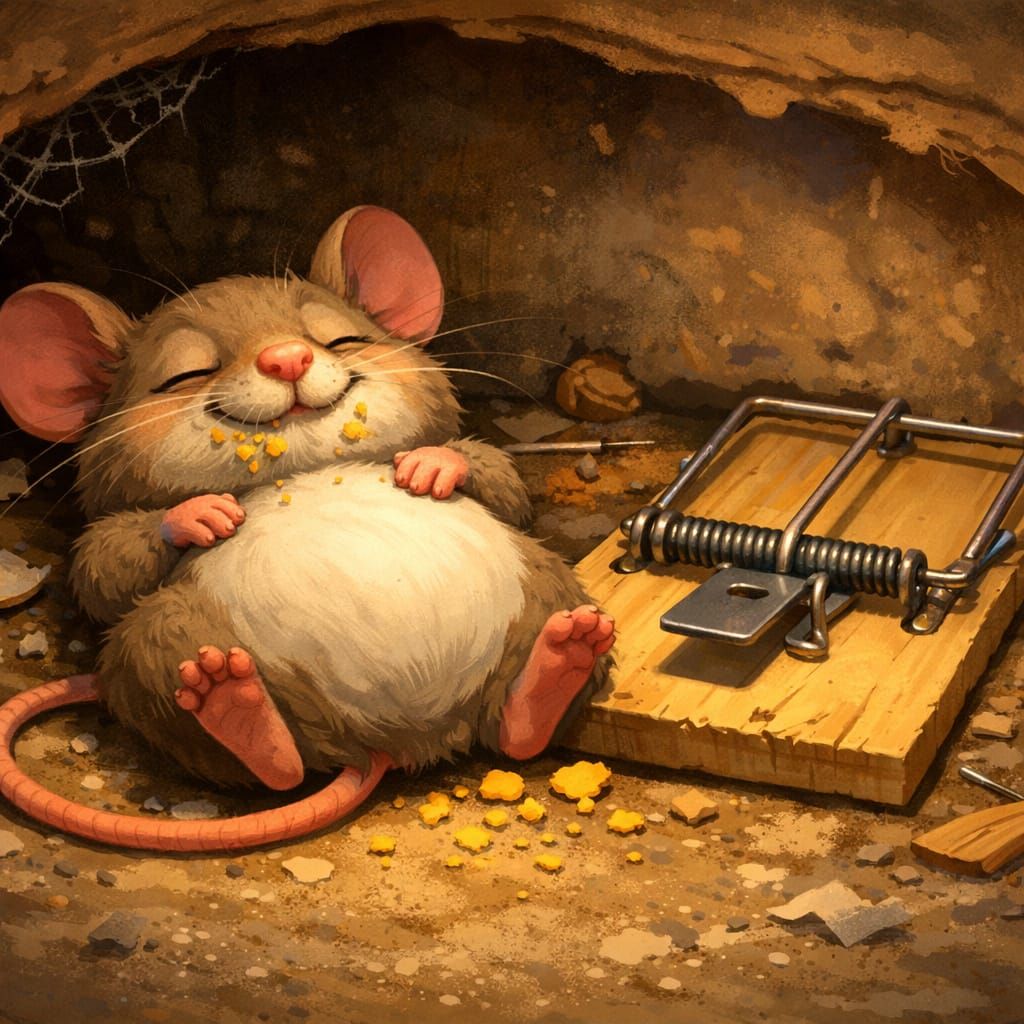 Clever Mouse Outsmarts Trap in Humorous Cartoon Scene
