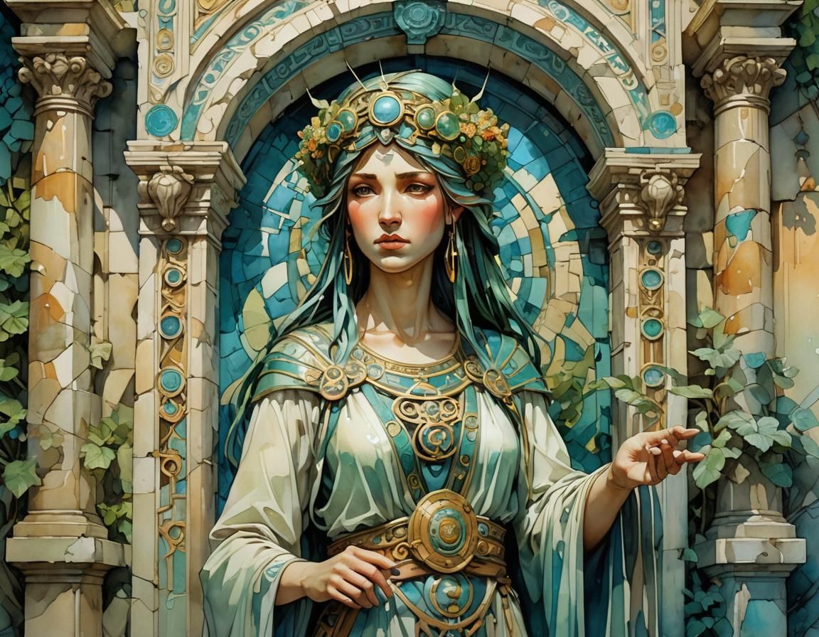 Female Druid Guards Gateway in Cubist Watercolor Style