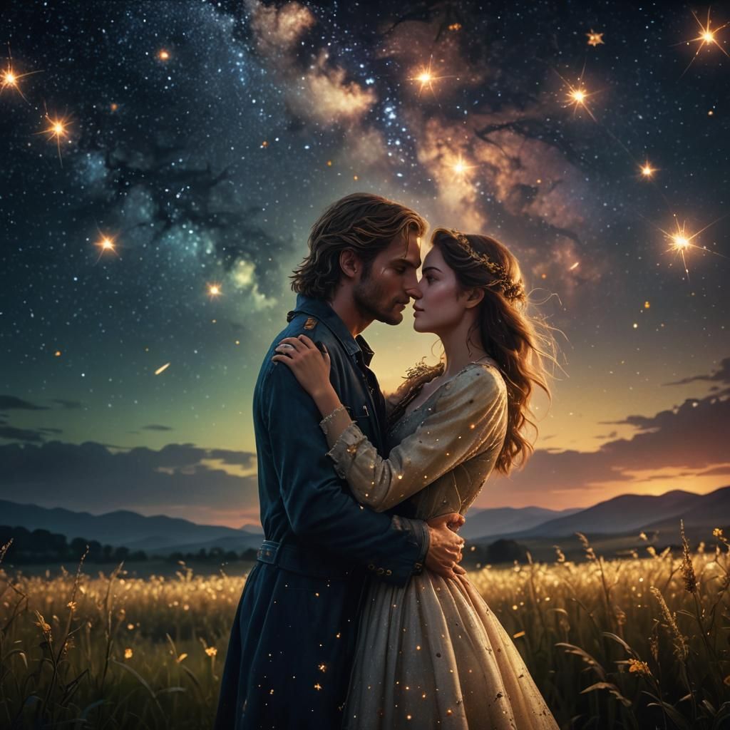 Lovers Glowing in Starry Night Field: Matte Painting