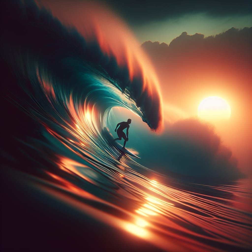 Hyperrealistic Sunset Surfer on Glassy Wave