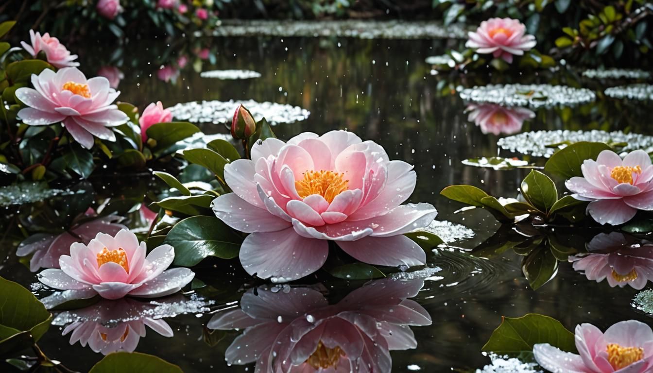 Camellias Bloom as Water Sprite Appears