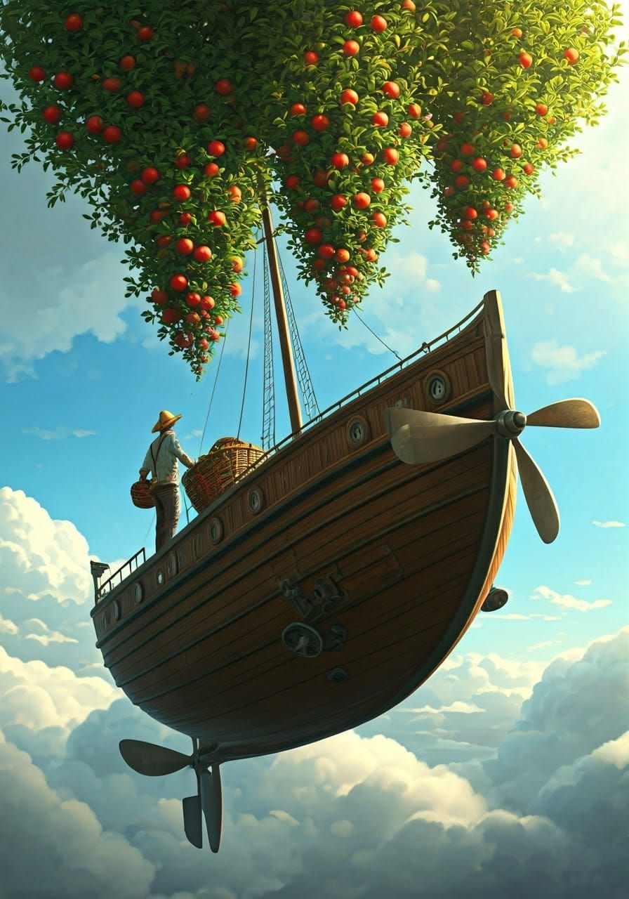 Aetherpunk Farmer Harvesting Upside Down Apples