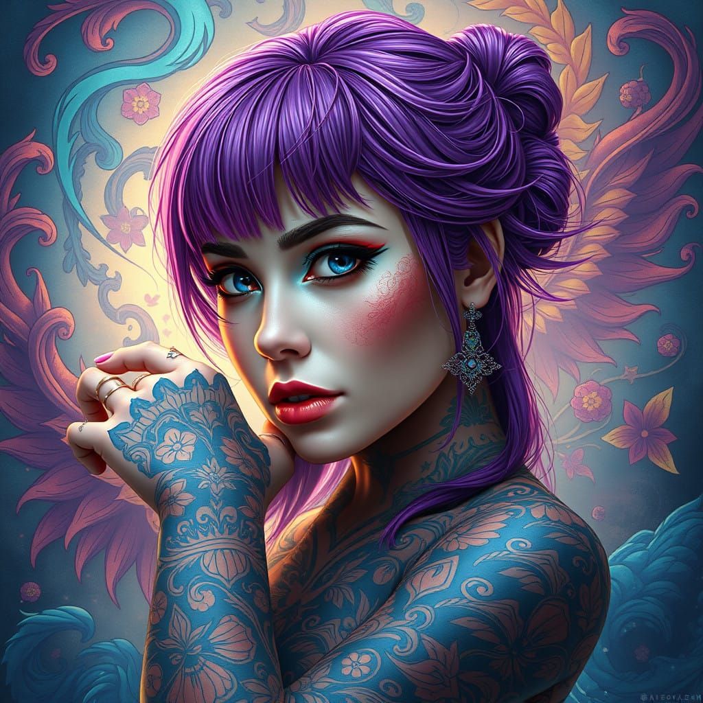 Vibrant Purple-Haired Woman in Enchanting Digital Art