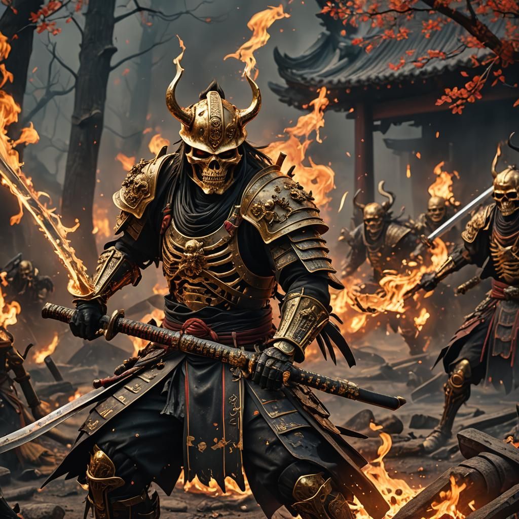 Undead Samurai in Fire: Detailed Matte Painting