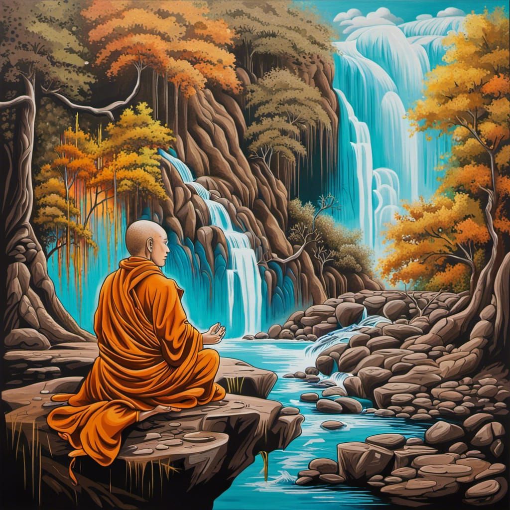 Zen Monk by Waterfall in Graffiti Art Style