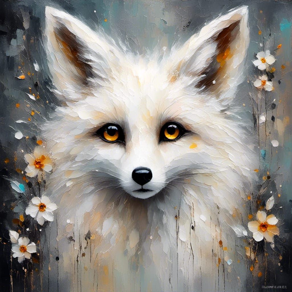 Whimsical Oil Painting of a Sparkling White Fox