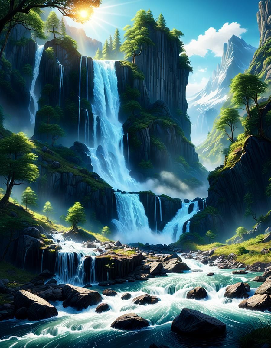 Sunshine Bathed Waterfall in Detailed Matte Painting