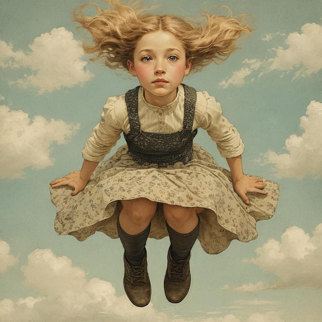 Girl High Jumping with Graphic Sky, Old Illustration