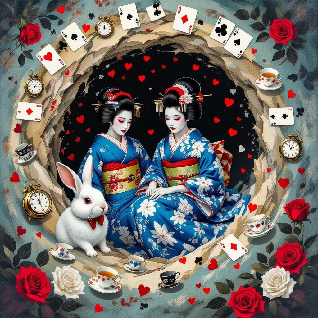Geisha and Rabbit in Wonderland, Surreal Style