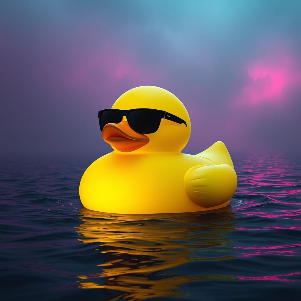 Glowing Rubber Duck in Cyberpunk Shades Surveys Dystopian Se...