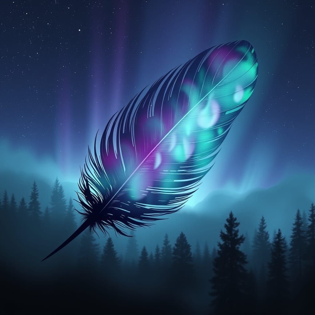 Elegant Feather Silhouette with Aurora Borealis Swirls