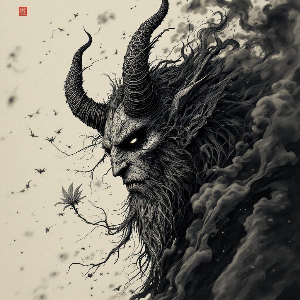 Intricately Illustrated Horned Demon Portrait in Dark Fantas...