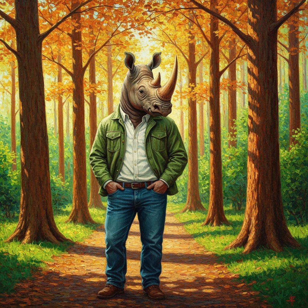 Anthropomorphic Rhino in Forest Impasto Oil Painting