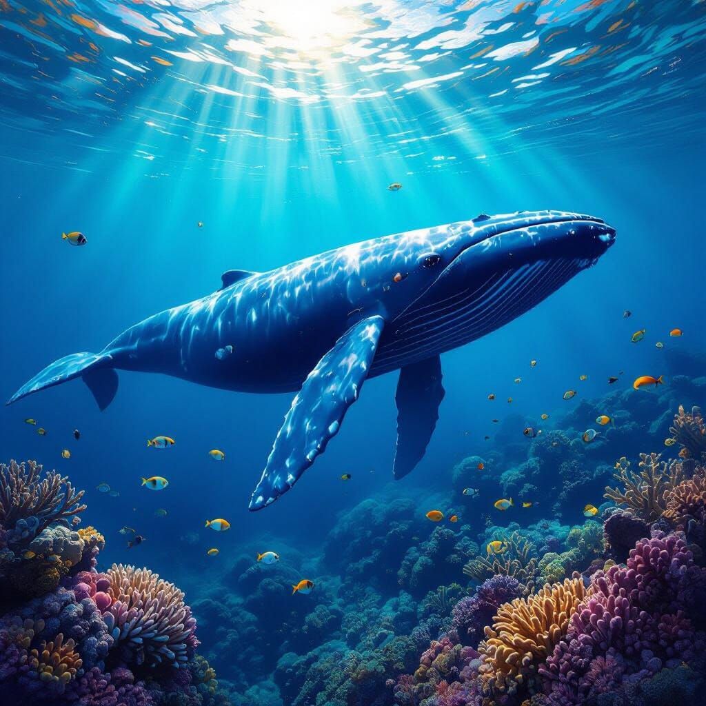 Majestic Blue Whale in Vibrant Coral Reef