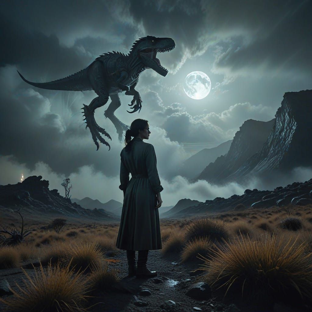 Surreal Woman in Ethereal Landscape with Moody Lighting