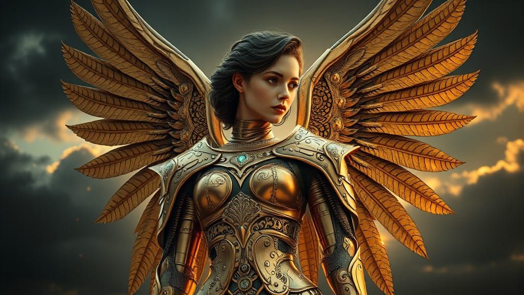 Golden Mechanical Angel with Majestic Feathered Wings