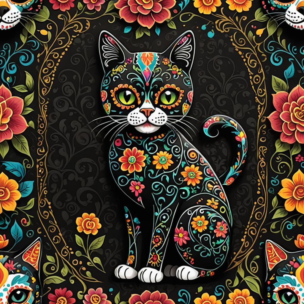Ornate Sugar Skull Cat Silhouette in Folk Art Style