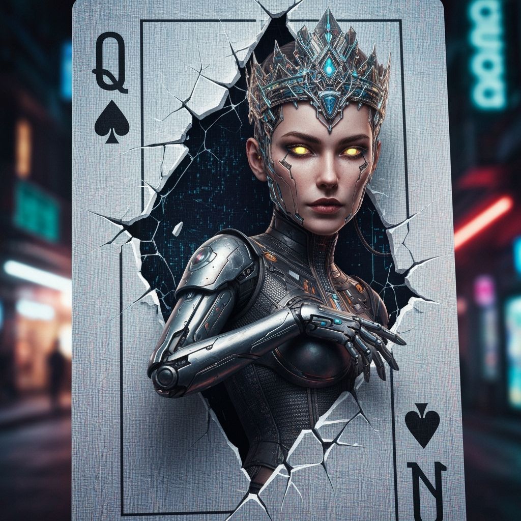 Futuristic Queen of Spades in Cyberpunk City