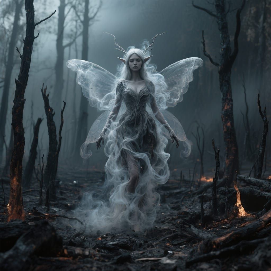 Smoky Ash Fairy in Charred Forest, Digital Art