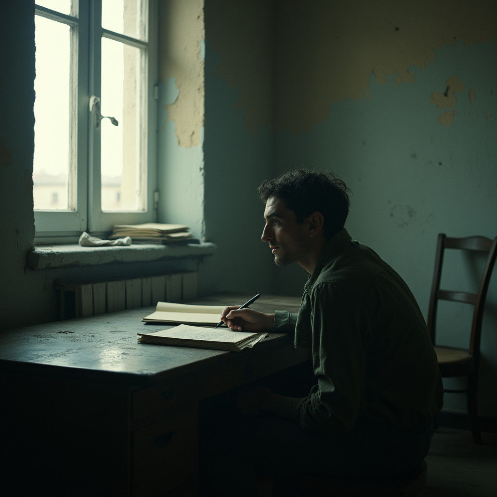 Melancholy Office Contemplation in Cinematic Style