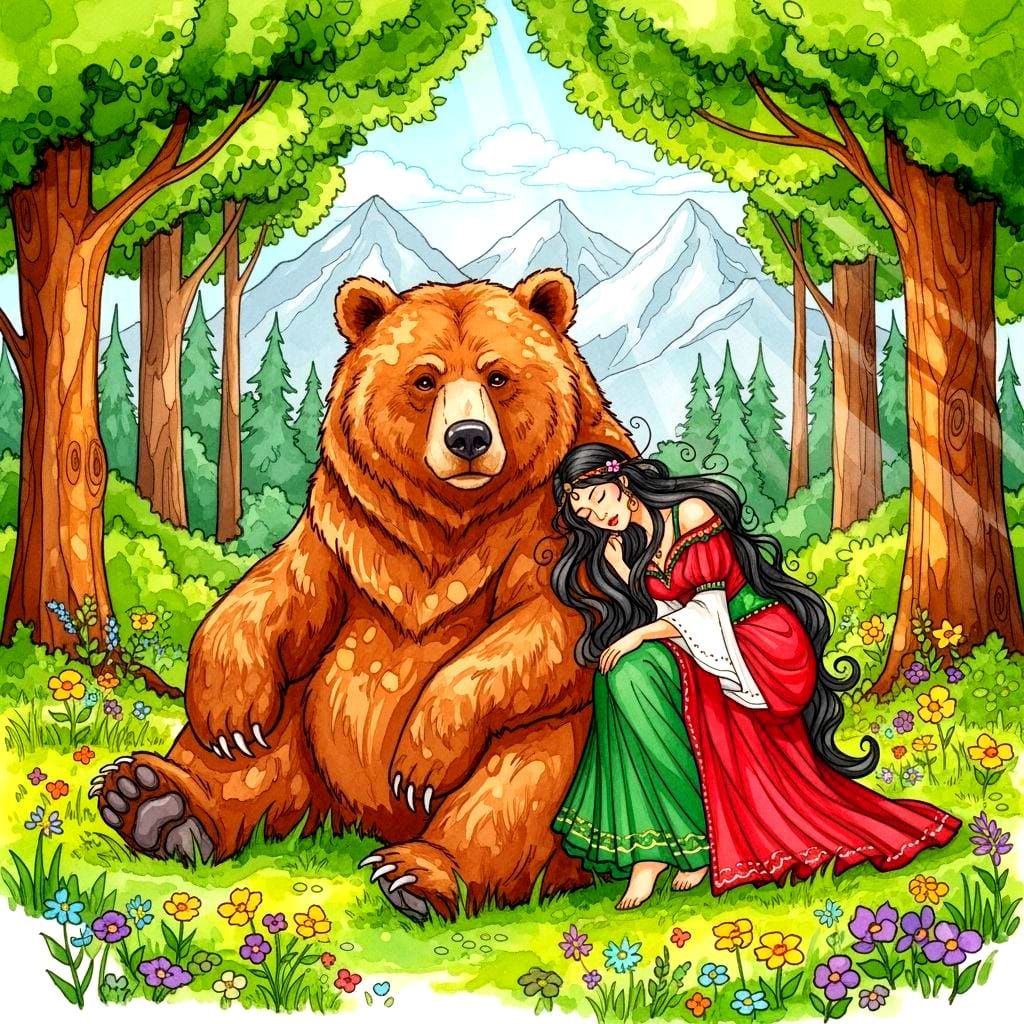 Grizzly Bear and Gypsy Woman in Whimsical Alcohol Ink Meadow
