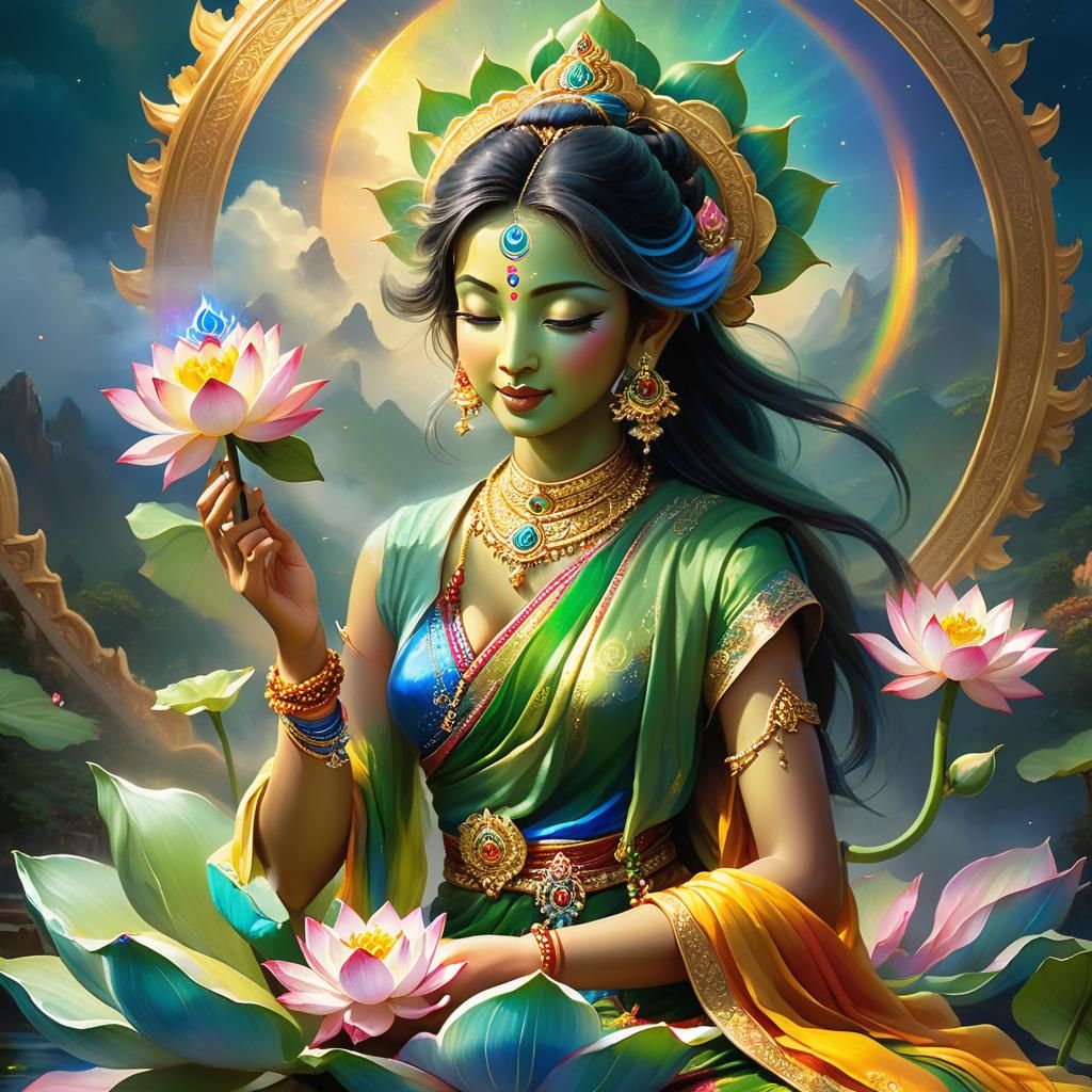 Green Tara Portrait with Lotus Flower