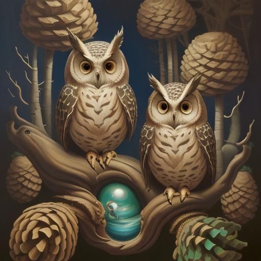 Surreal Pine Cone Owls in Melting Oil