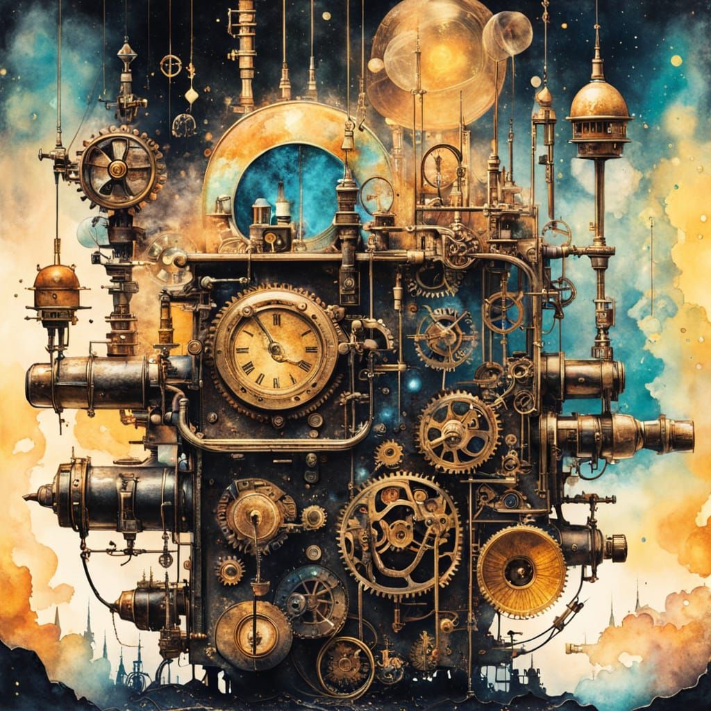 Steampunk Explorers in Space, Mixed Media Collage