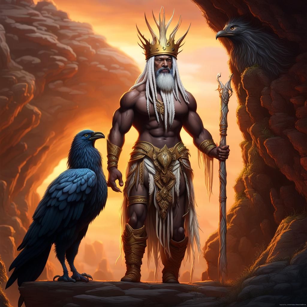 African Odin Emerging from Cave, Detailed Matte Painting