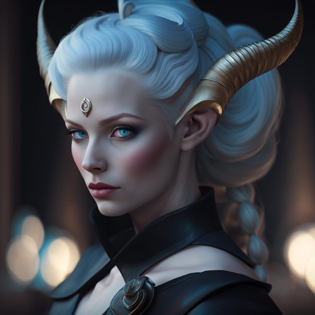 Albino Tiefling Woman Portrait in Digital Illustration