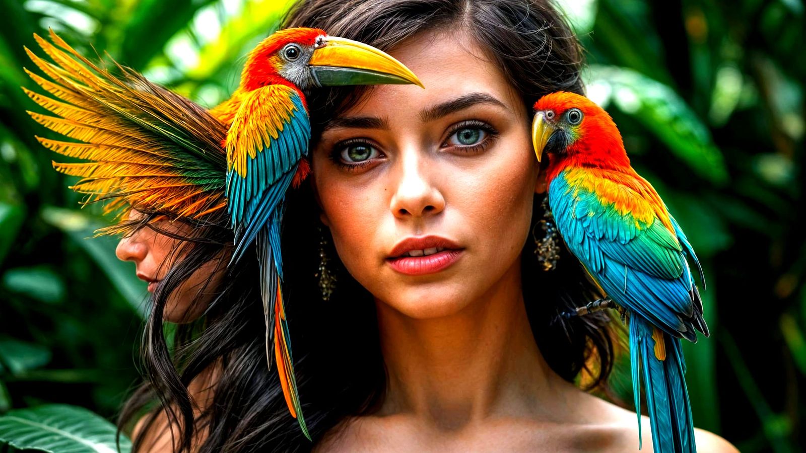 Woman Merging with Tropical Birds in Double Exposure