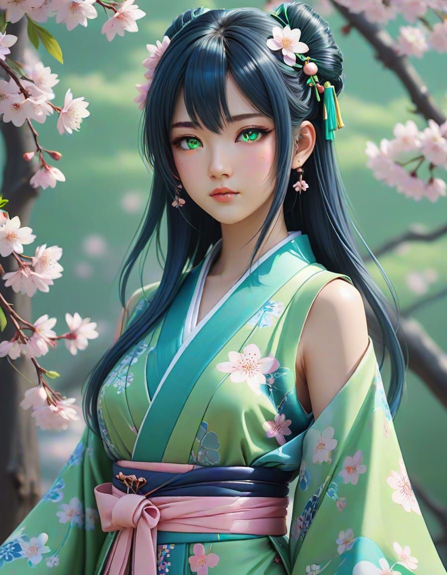 Japanese Princess in Pastel Kimono with Cherry Blossoms